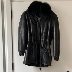 Avirex Black Leather Jacket with Plush Fur Collar
